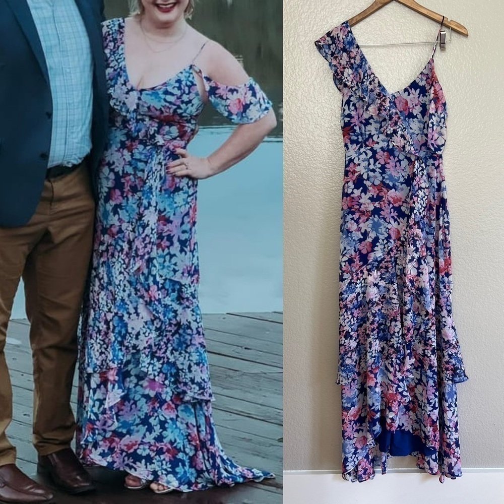 NWOT Radiant Blue Floral Print Chiffon Maxi Dress
